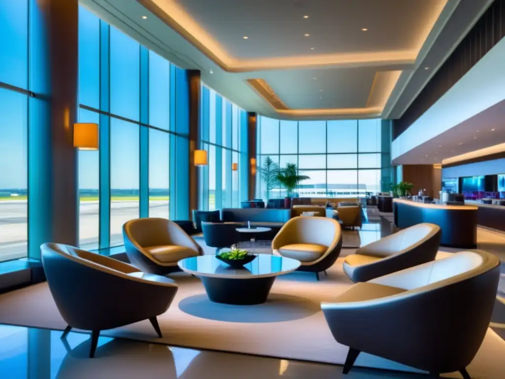 Lounge lujoso y moderno con diseño elegante Consejos para viajar con estilo y lidiar con retrasos y cancelaciones en una lujosa sala de espera de aeropuerto