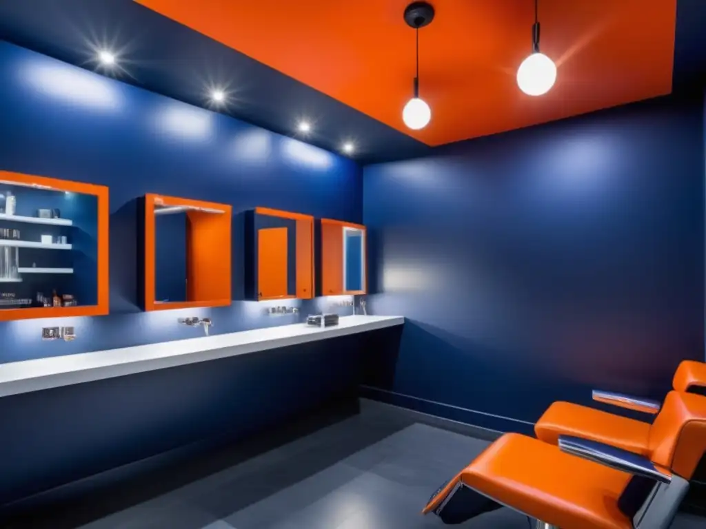 Salón de belleza masculino: diseño contemporáneo, azul navy, toques de naranja y amarillo, destacando importancia del color en branding