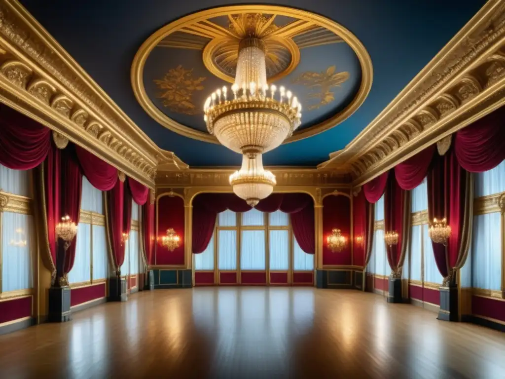 Estética de Moulin Rouge influenciada por Dior: opulenta sala de baile Belle Époque con murales Art Nouveau, chandeliers y elegantes bailarines