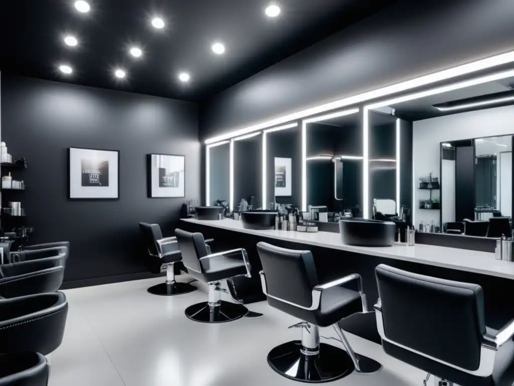 Interior de salón de belleza masculino: diseño minimalista, estación de aseo con herramientas de última generación, ambiente profesional y sofisticado