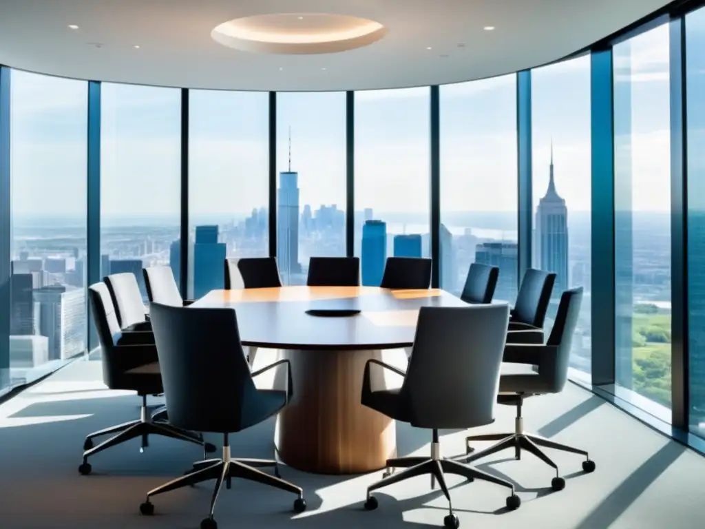 Sala de conferencias moderna con vista a la ciudad, hombres elegantes en discusiones animadas