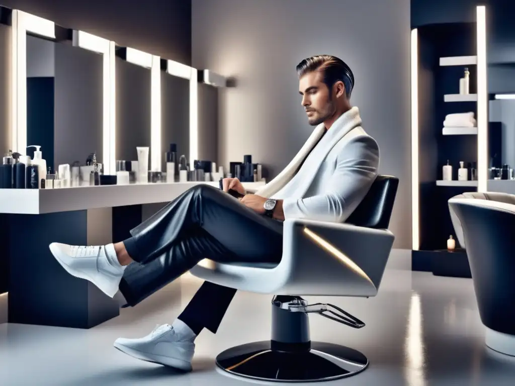 Beneficios y uso de productos de acabado para el cabello masculino en un moderno salón con un modelo y estilista profesional