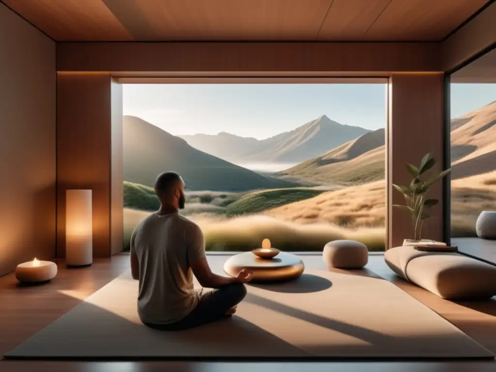 Técnicas de meditación para hombres modernos en una sala de meditación minimalista con vista a la naturaleza