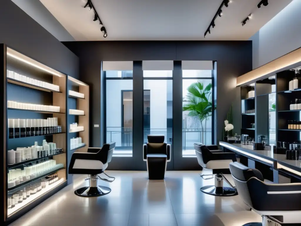 Salón de belleza moderno y minimalista con productos para alisado de cabello masculino