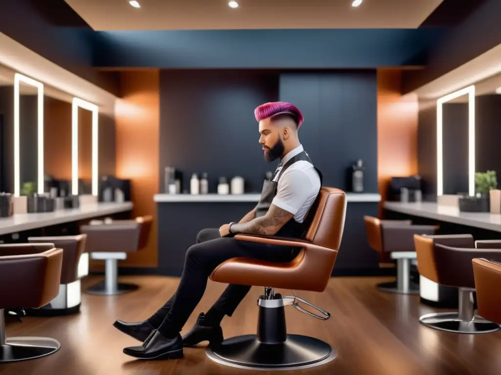 Tintes para cabello masculino: guía completa, moderno salón con modelo masculino en silla elegante, cabello perfectamente estilizado y teñido, estilista profesional con productos de calidad para cabello coloreado