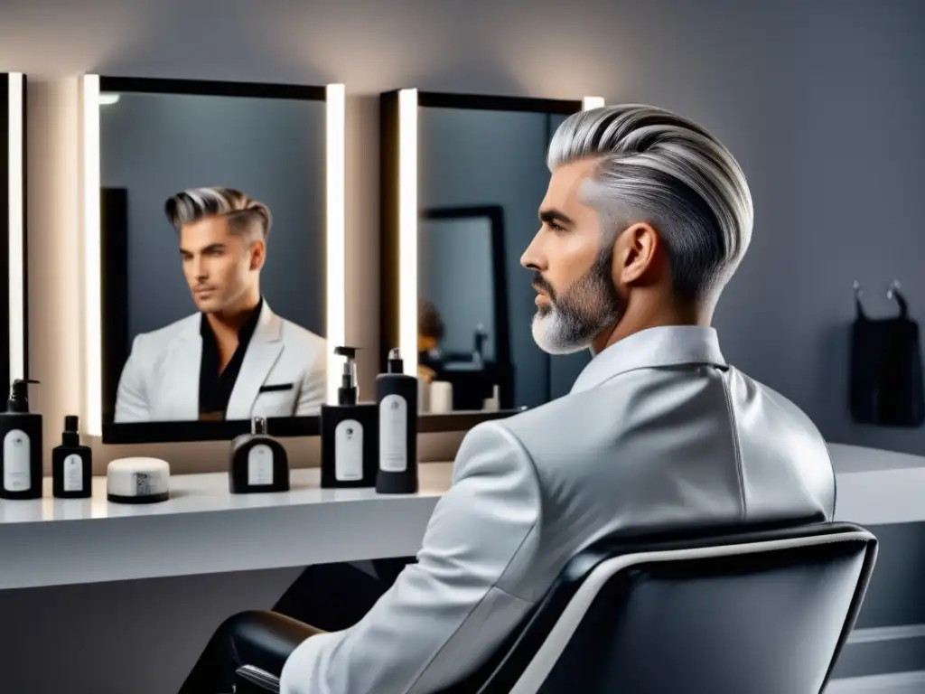 Salón moderno con modelo masculino y productos para cuidado del cabello canas masculino