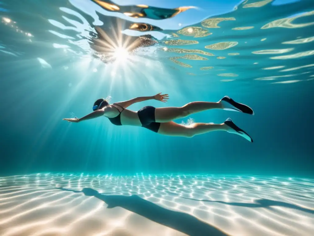 Nadador en piscina cristalina con equipamiento deportivo para nadadores