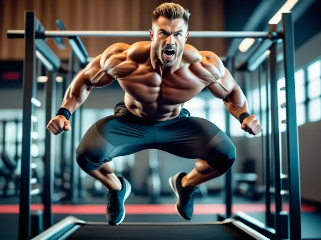 Hombre musculoso saltando obstáculos en un gimnasio moderno - Ejercicios funcionales para hombres: Aumenta tu energía