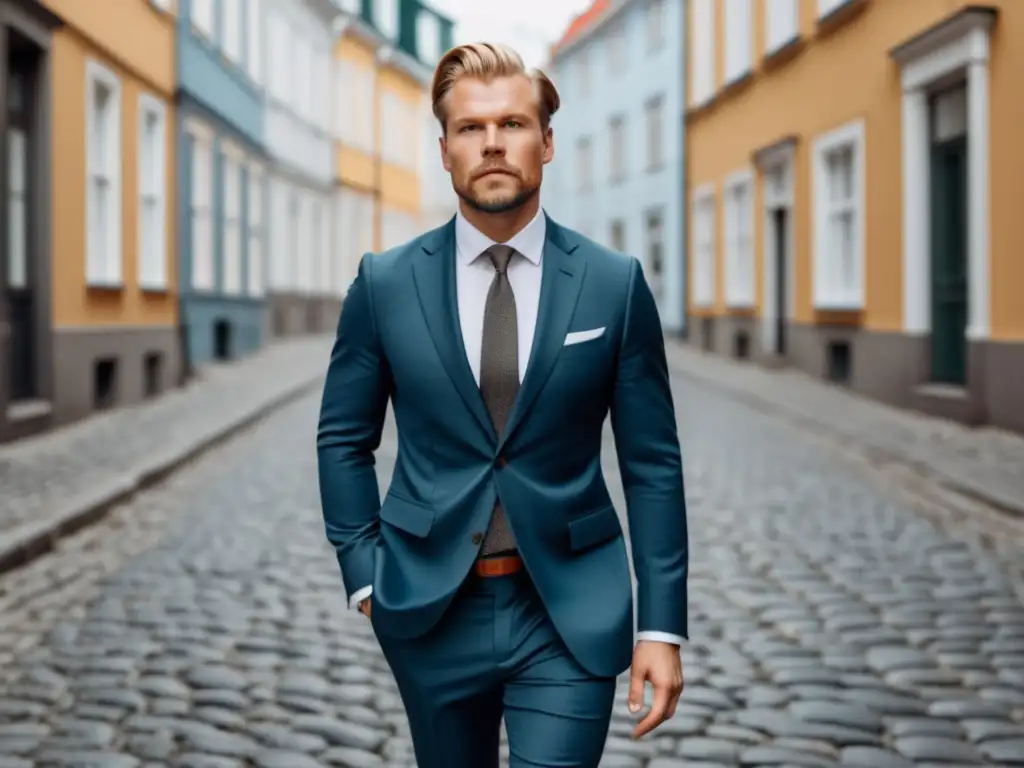 Elegante hombre escandinavo con traje finlandés, exhibe influencia de moda masculina escandinava y tendencias de Finlandia