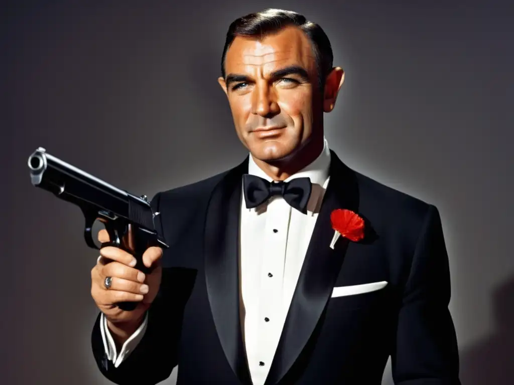 Sean Connery, James Bond en elegante tuxedo negro, posa seguro en un casino lujoso