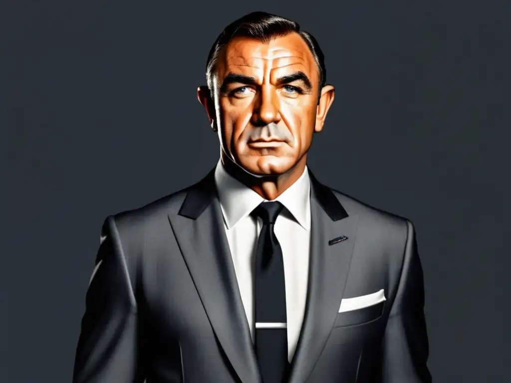 Estilo atemporal de Sean Connery en un impecable traje gris carbón, camisa blanca y corbata negra