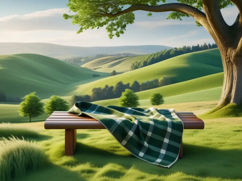 Paisaje campestre con banco y outfit elegante y cómodo Outfit para viajar con estilo en paisaje campestre sereno, con colinas verdes, árboles majestuosos y banco de madera acogedor