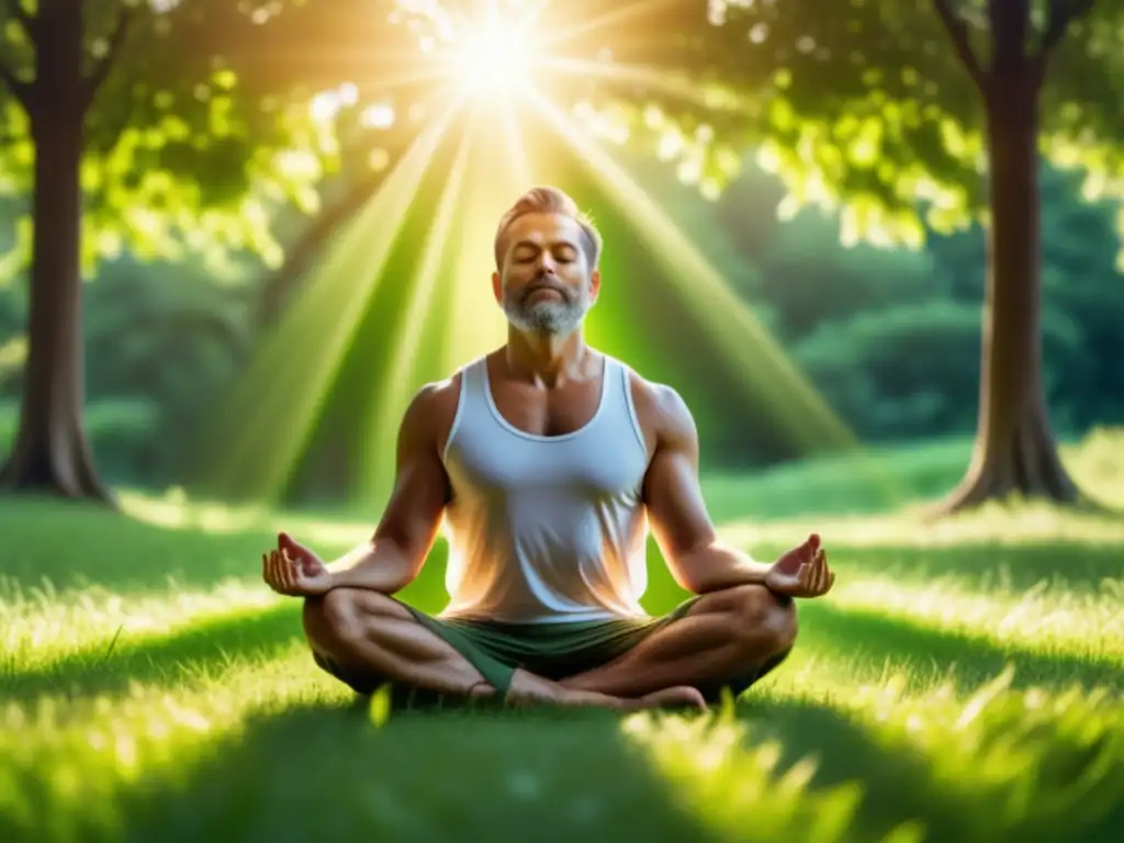 Hombre en meditación en pradera verde: Técnicas de relajación para hombres