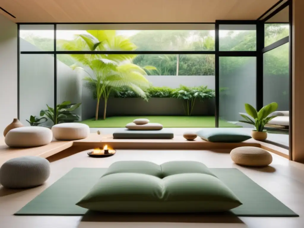 Sala de meditación moderna y serena con muebles minimalistas, colores neutros y vista al jardín - Beneficios de relajación muscular hombres