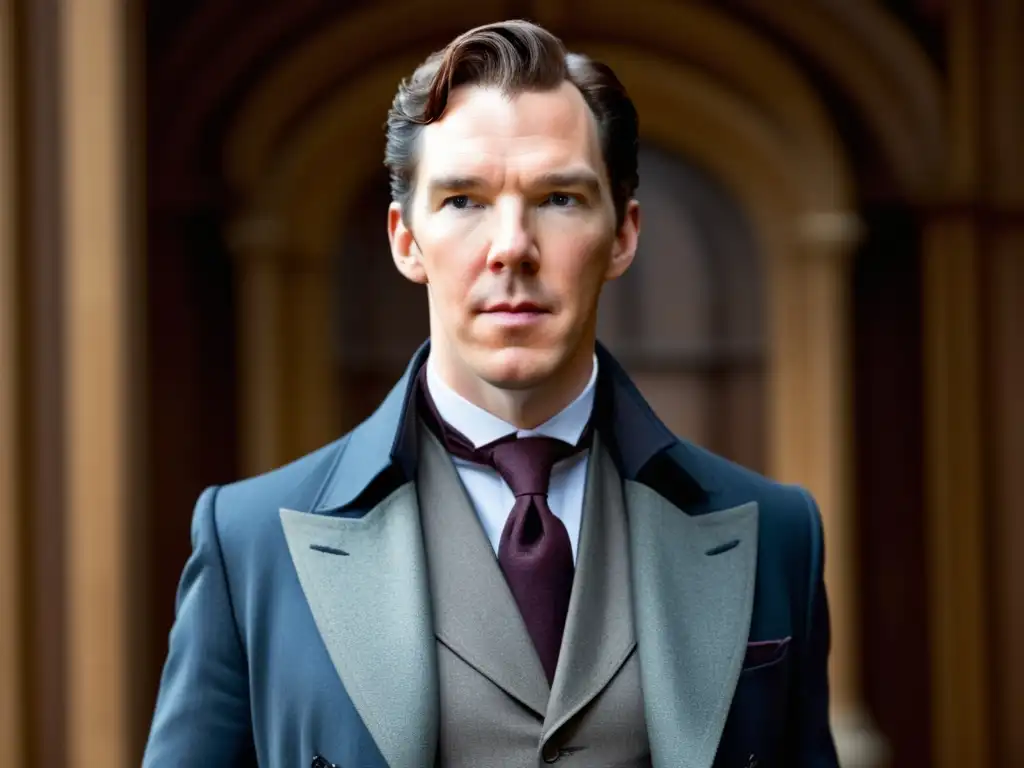 Influencia moda contemporánea Benedict Cumberbatch como Sherlock Holmes, traje tres piezas, elegante y seguro, alta costura