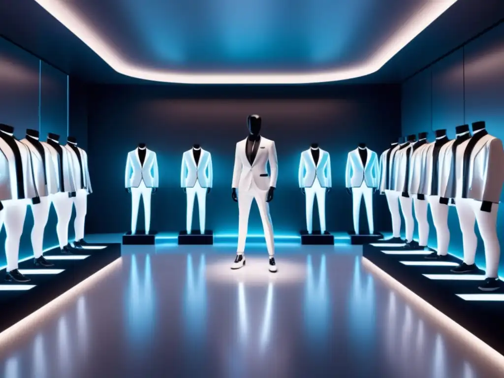 Tendencias moda masculina realidad virtual en elegante showroom futurista