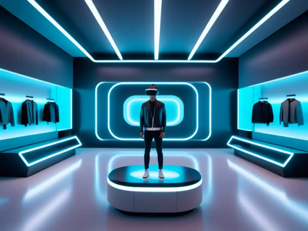 Realidad virtual en moda: tendencia y diseño - Showroom futurista de moda virtual con iluminación ambiental y hologramas de prendas de vestir