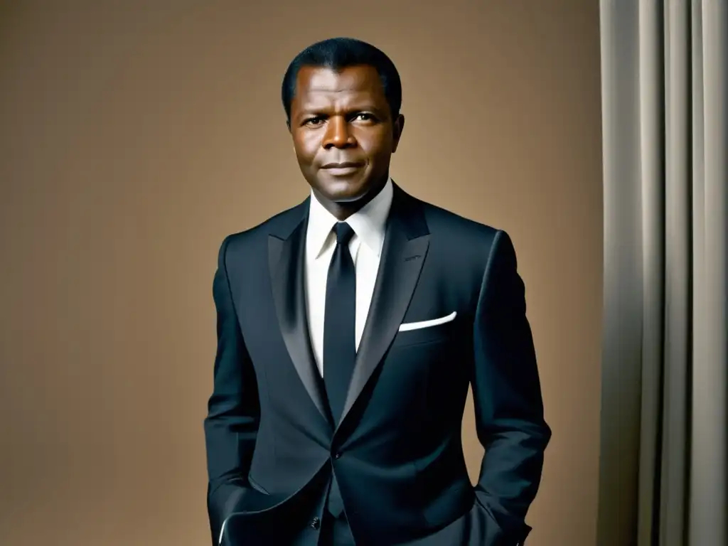 Moda masculina estilo Sidney Poitier: Imagen ultradetallada de Poitier en un elegante traje negro, resaltando su confianza y elegancia