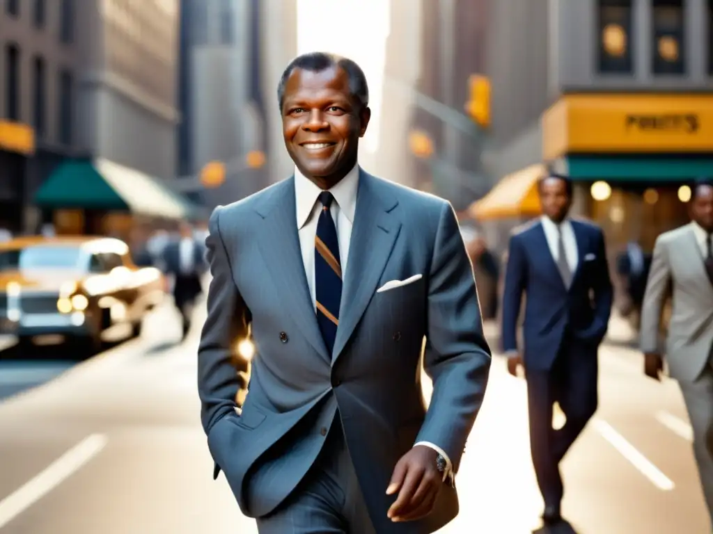 Sidney Poitier en elegante traje gris, irradiando estilo y sofisticación en las calles de Nueva York