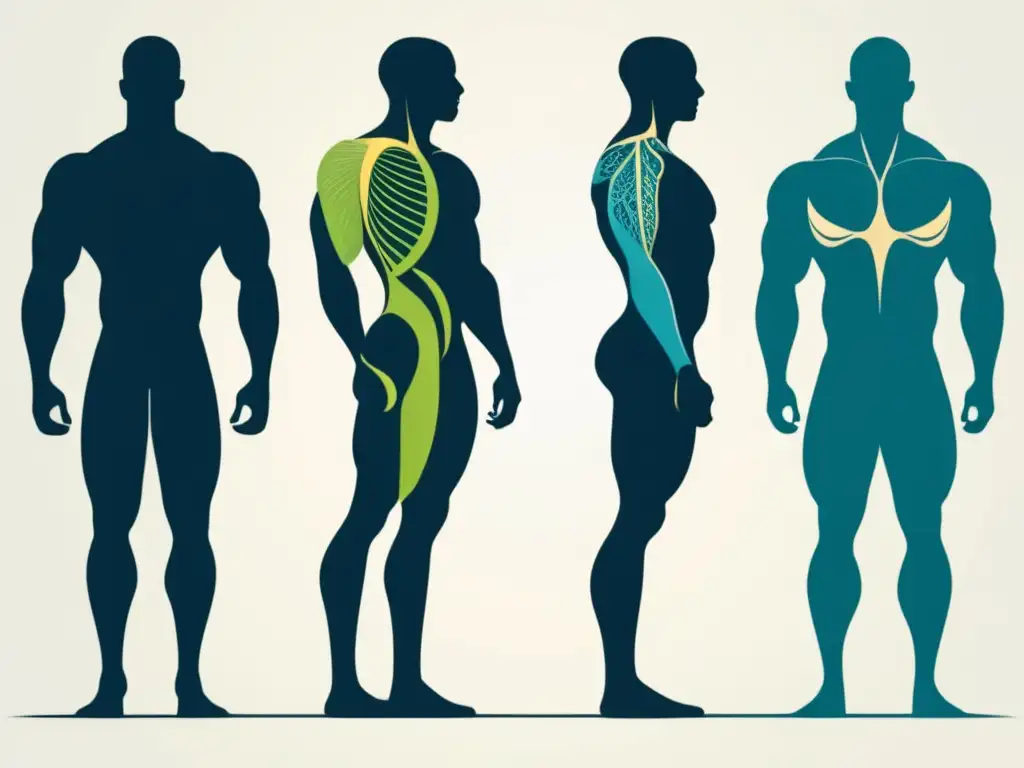 Dieta ideal según tipo cuerpo: Silueta humana detallada dividida en ectomorfo, mesomorfo y endomorfo, con ilustraciones de características específicas