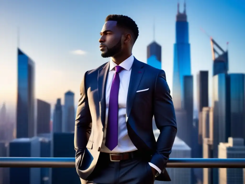 Hombre elegante en silueta con traje moderno y ciudad de fondo, refleja profesionalismo y éxito