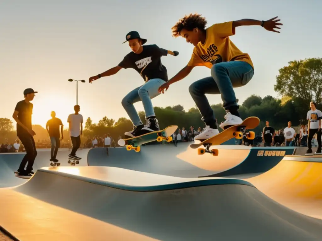 Tendencias moda masculina skateboarding: Skate park dorado al atardecer con skaters en acción, estilo único y energía vibrante