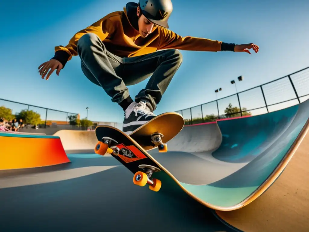 Skateboarder ejecutando un kickflip perfecto en un vibrante skatepark urbano