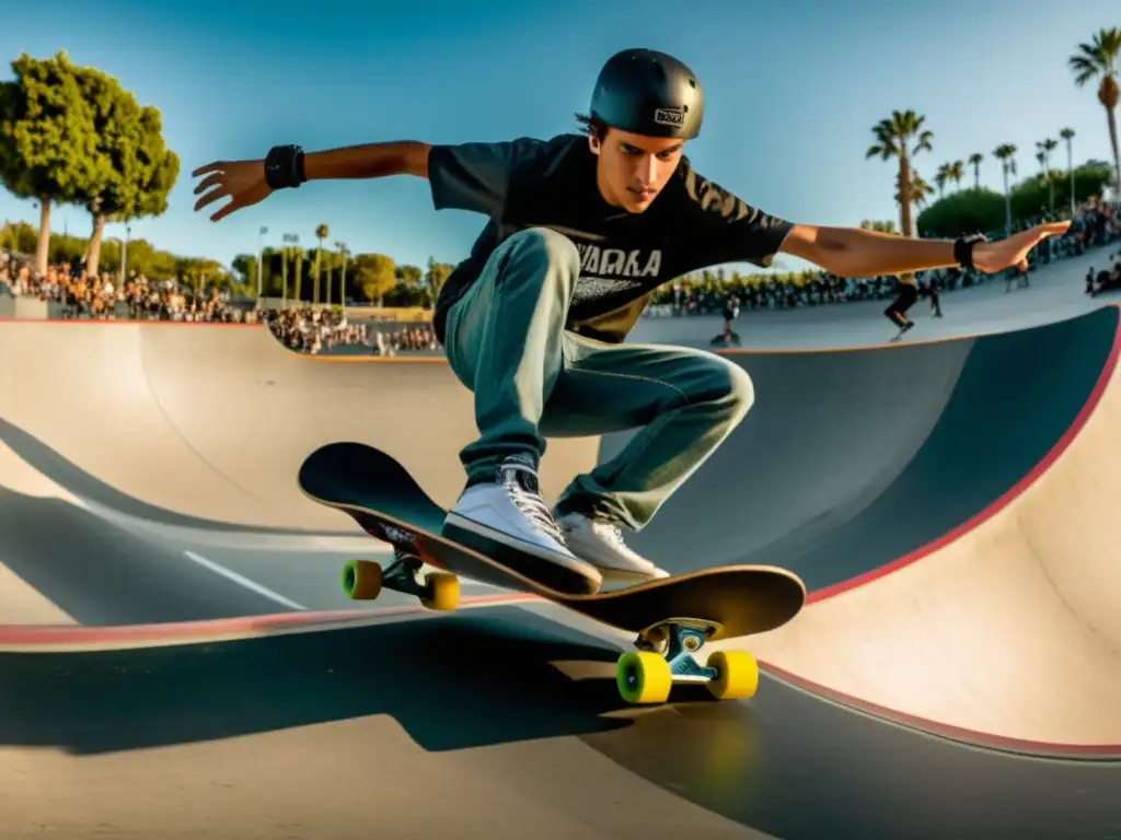 Ropa y equipo skateboarding masculino: Skateboarder realizando truco impresionante en parque urbano moderno