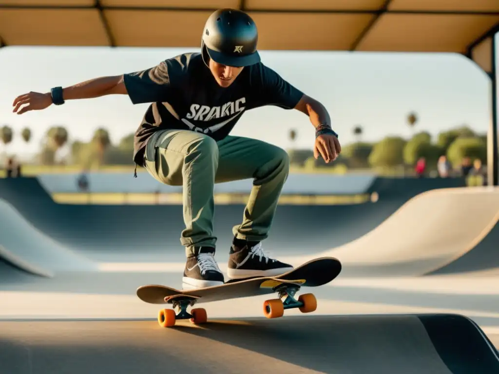 Skateboarder ejecutando ollie perfecto en parque de skate, resalta ropa y equipo masculino para skateboarding