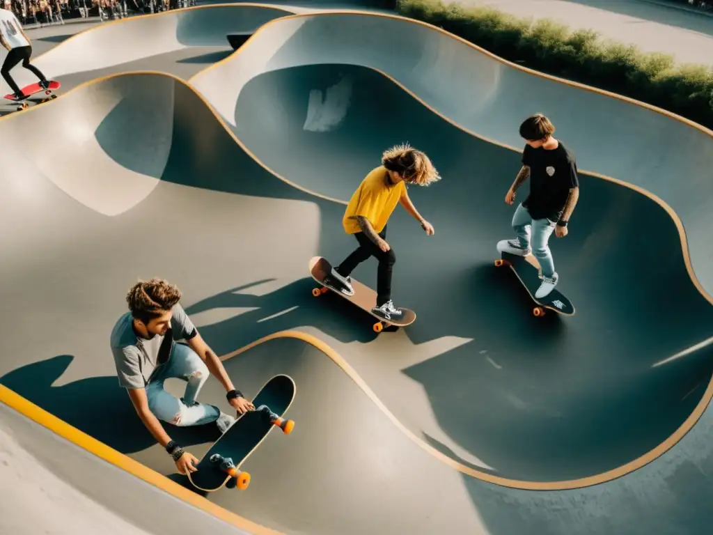 Tendencias moda masculina skateboarding: grupo de skateboarders en un skatepark con estilo y personalidad, mostrando moda y cultura