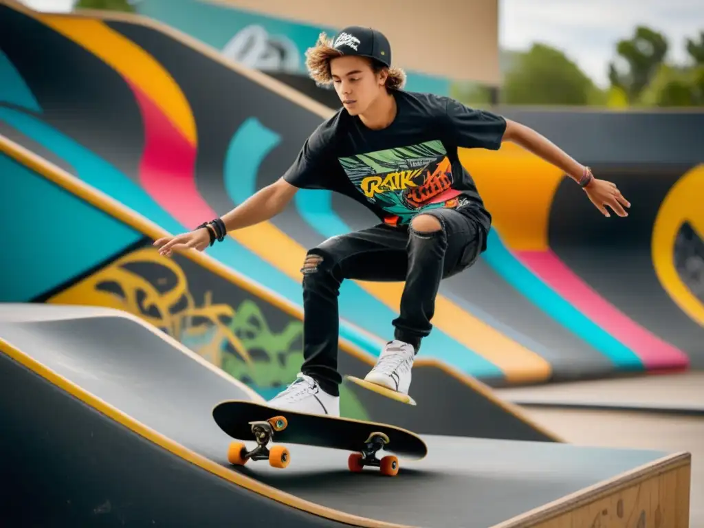 Tendencias moda masculina skateboarding: Joven skater deslizándose confiado en rampa graffiti en un parque lleno de vida, con estilo y moda urbana