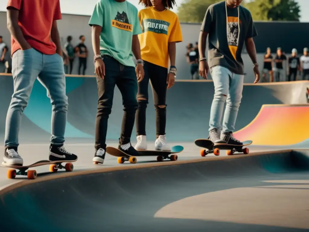 Tendencias moda masculina skateboarding: skaters urbanos con ropa y calzado de tendencia, realizando trucos impresionantes en un skatepark moderno