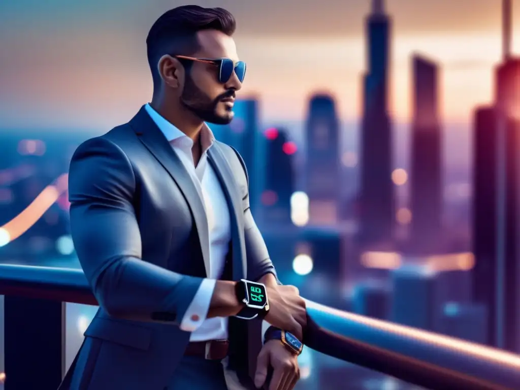 Beneficios de wearables en moda masculina: Hombre elegante con smartwatch en una ciudad futurista