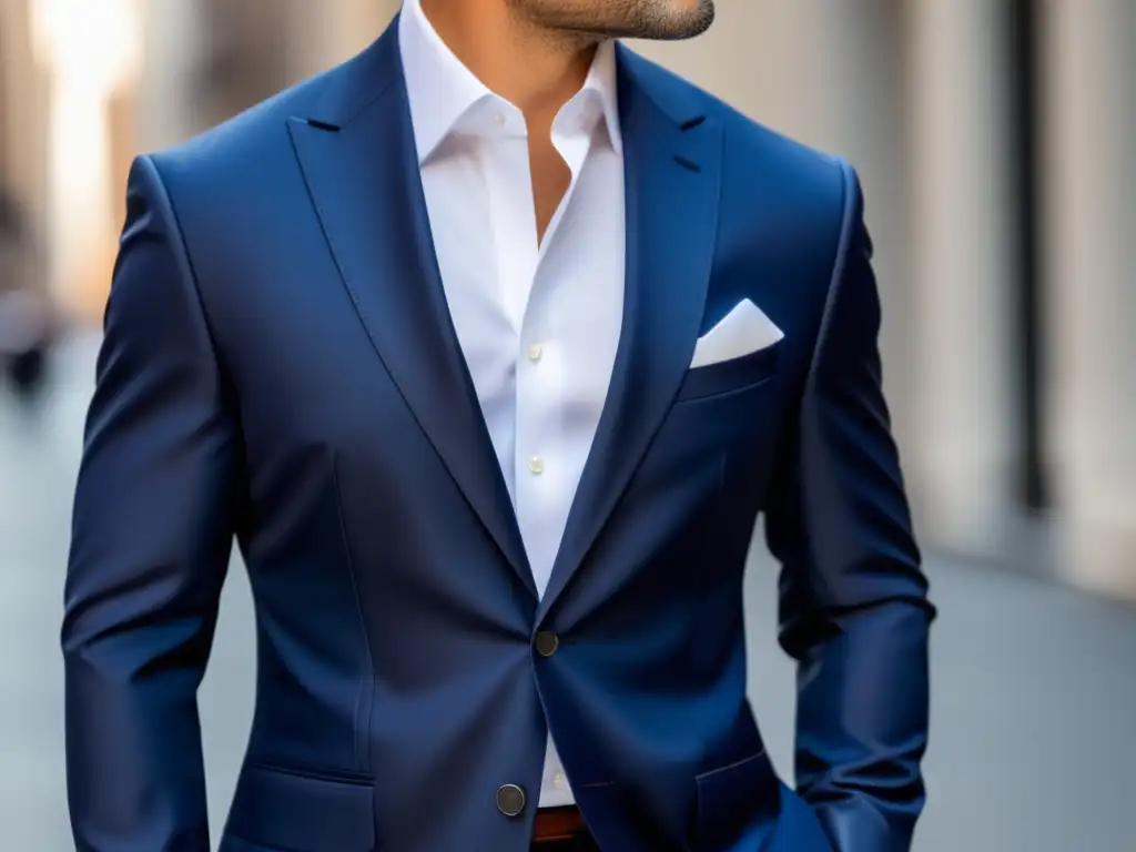 Traje elegante de tela azul marino con textura fina, detalles sofisticados y estilo Wall Street