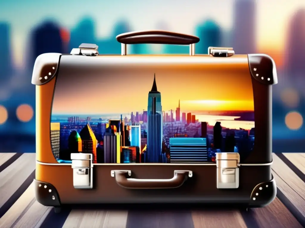 Maleta moderna y resistente en vibrante ciudad Equipaje perfecto para viajes: maleta moderna y resistente con diseño elegante y seguro, ideal para cualquier tipo de viaje