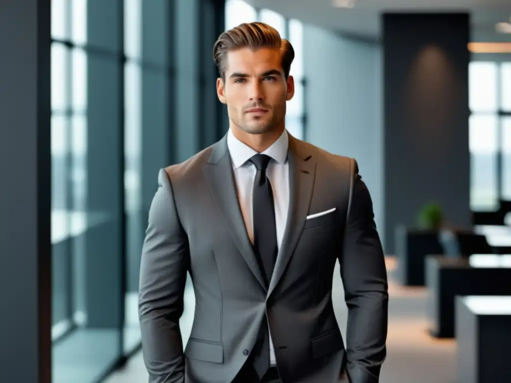 Moda masculina auténtica rompiendo estereotipos: modelo en traje gris, camisa blanca y corbata negra en oficina contemporánea con vista urbana