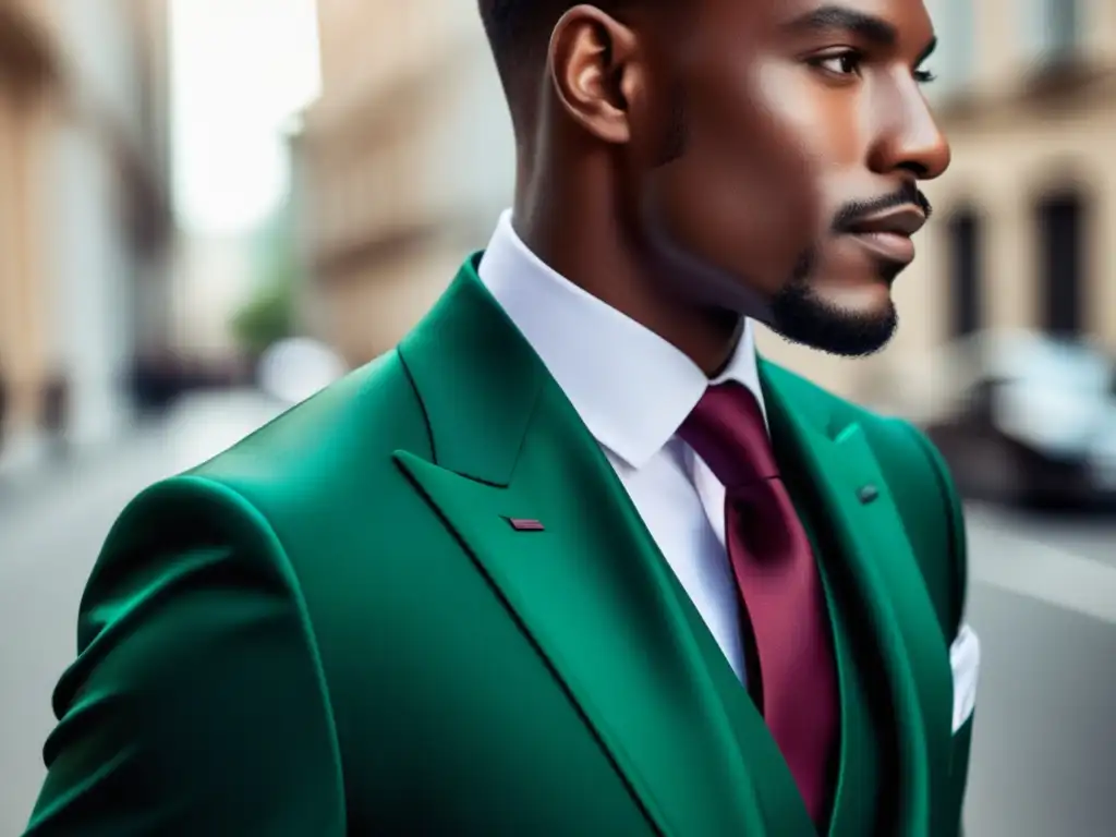 Modelo masculino elegante en traje a medida en color audaz, como burdeos o verde esmeralda