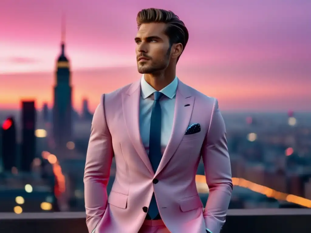 Influencia colores pastel moda masculina: Modelo masculino sofisticado en traje rosa pastel frente a una vibrante ciudad al atardecer