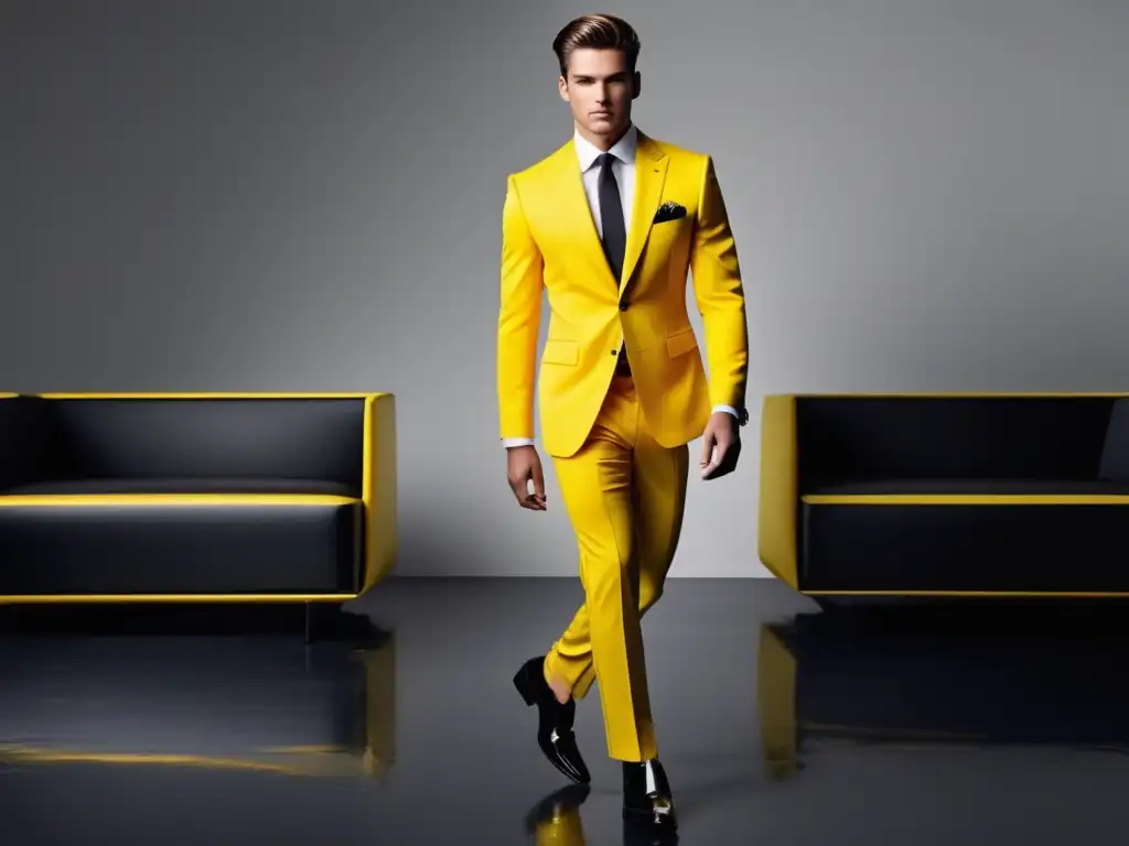 Hombre en traje amarillo muestra beneficios de color en moda