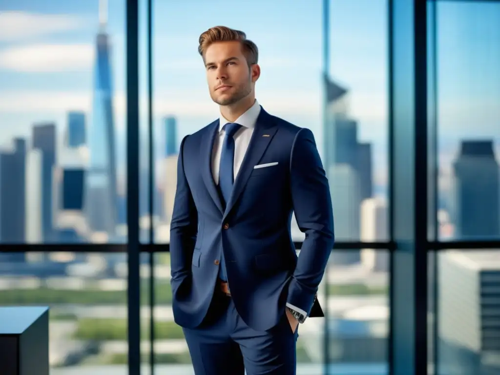 Moda masculina para ingenieros de software, traje azul marino, confianza y profesionalismo, oficina moderna con vista panorámica