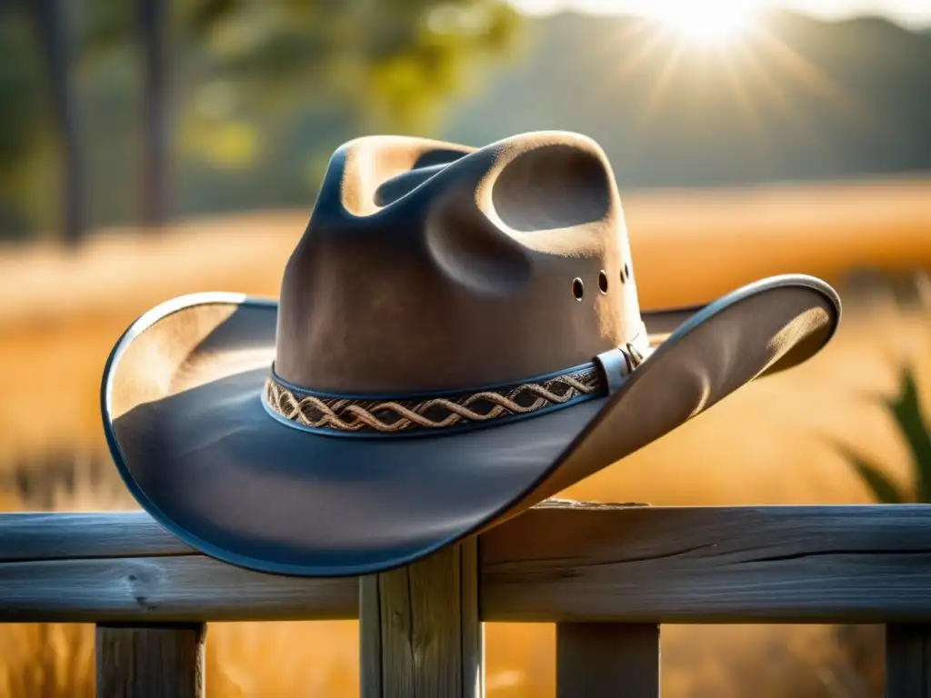 Moda de John Wayne en la Cultura Cowboy: Sombrero desgastado y detallado, con ala ancha y copa arrugada, sobre un poste de madera