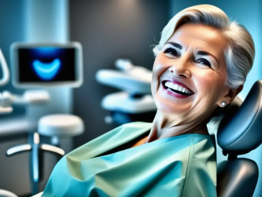 Cuidado dental en la tercera edad: persona mayor sonriente en silla dental moderna con equipo y equipo dental avanzado