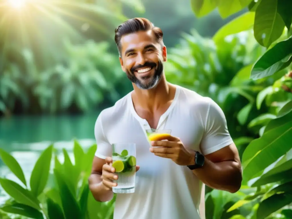 Hombre seguro sonriendo rodeado de naturaleza, sosteniendo vaso de agua con frutas frescas - Beneficios hidratación salud masculina