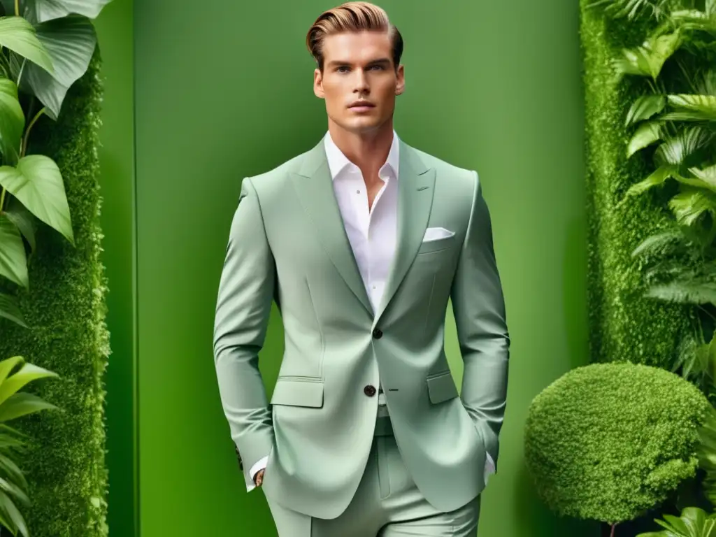 Hombre en traje elegante y sostenible, con tendencias moda masculina sostenible, rodeado de naturaleza y luz suave