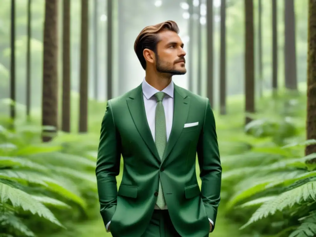 Consejos sostenibles para cuidado masculino: hombre elegante en un bosque verde, vistiendo traje orgánico y accesorios ecofriendly