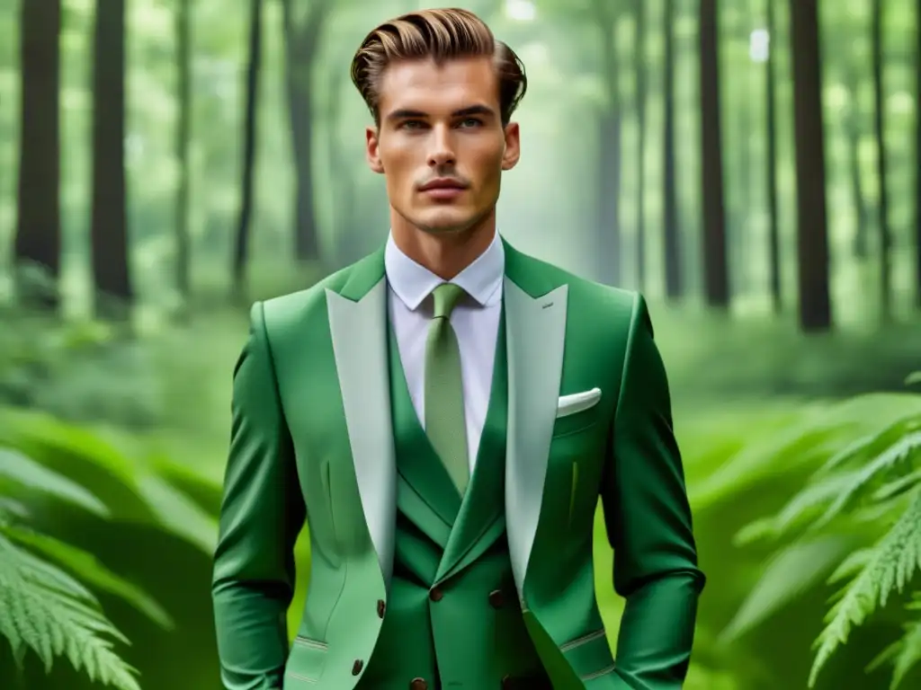 Moda masculina sostenible: Tendencias y consejos - Hombre elegante en traje reciclado, naturaleza exuberante, tejido orgánico y ético