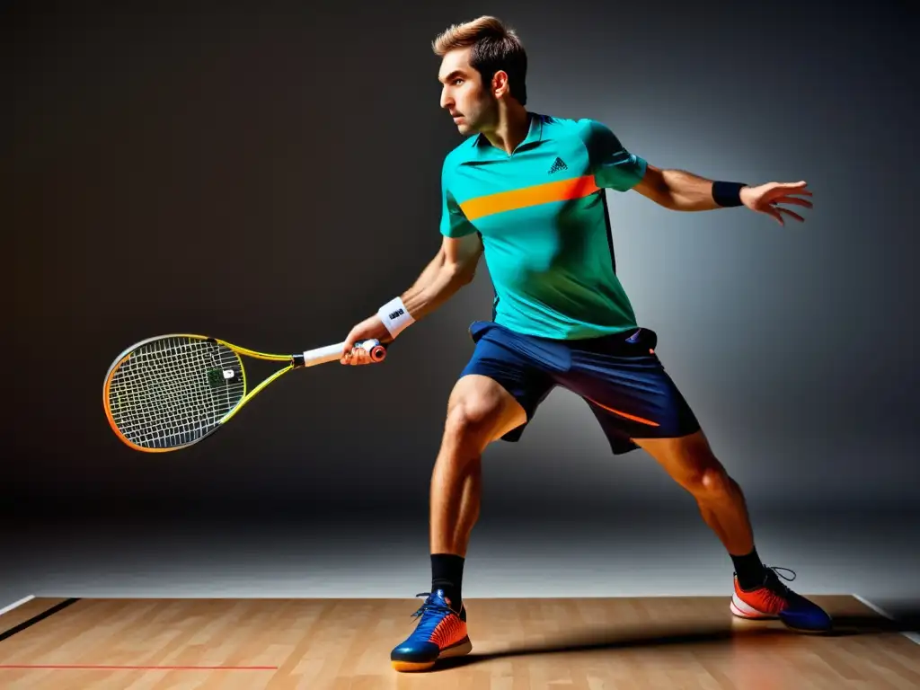 Jugador de squash masculino con equipamiento moderno en una cancha profesional