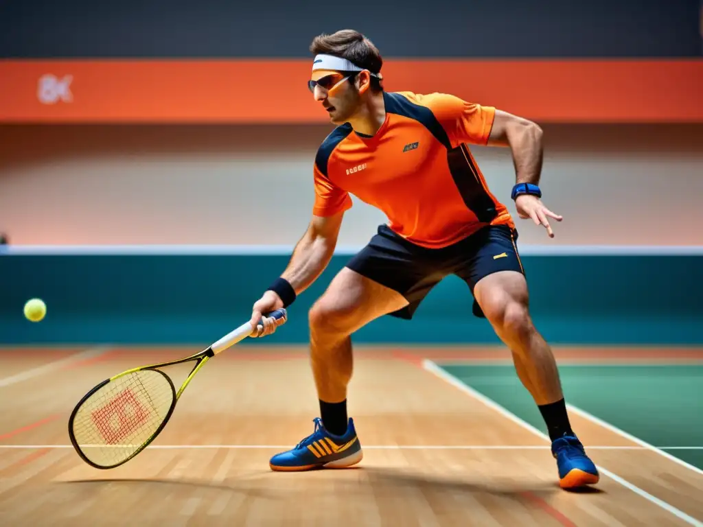 Equipamiento de squash masculino moderno: jugador en acción, elegante y funcional, en una pista de squash contemporánea