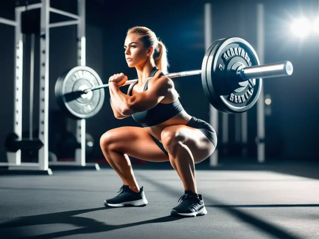 Rutina de ejercicios para principiantes: persona realizando sentadilla con barra en un gimnasio moderno