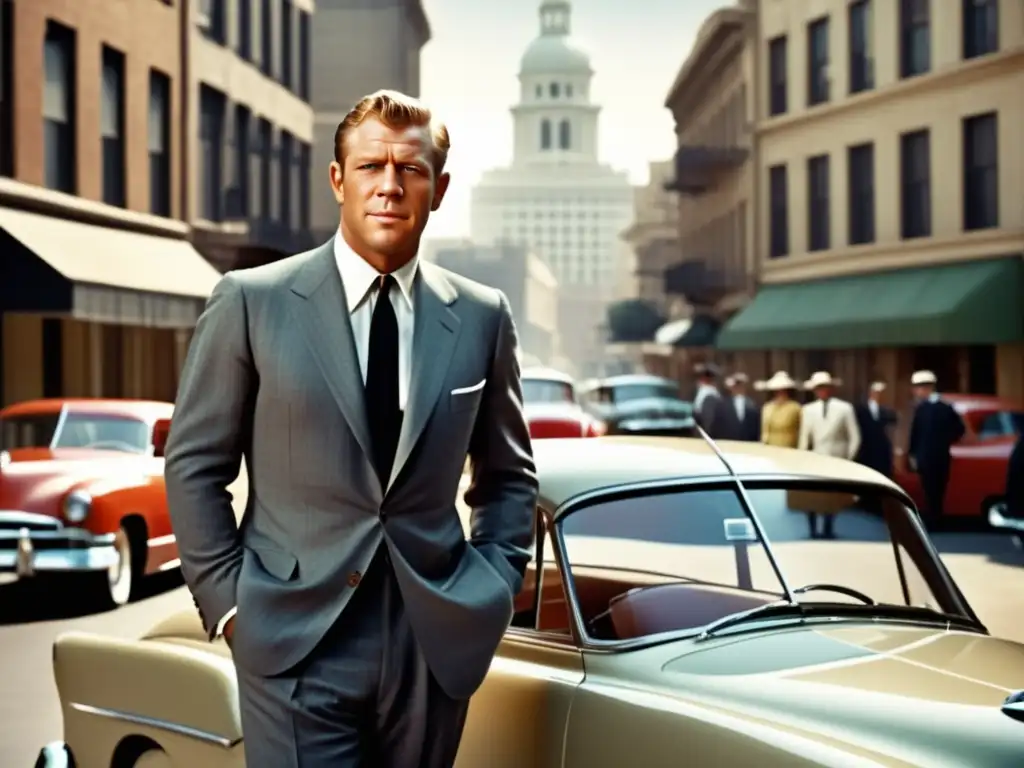 Tendencias moda masculina cine: Steve McQueen en un traje impecable, con estilo y confianza, junto a un auto clásico en una ciudad vibrante